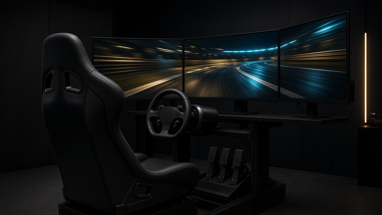 Siège baquet, volant et trois écrans de simulation