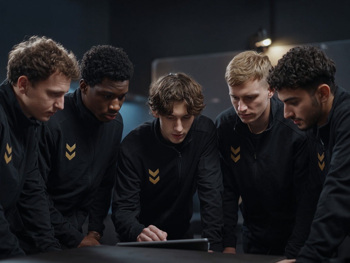 Groupe de cinq athlètes esport en vestes noires autour d'une table