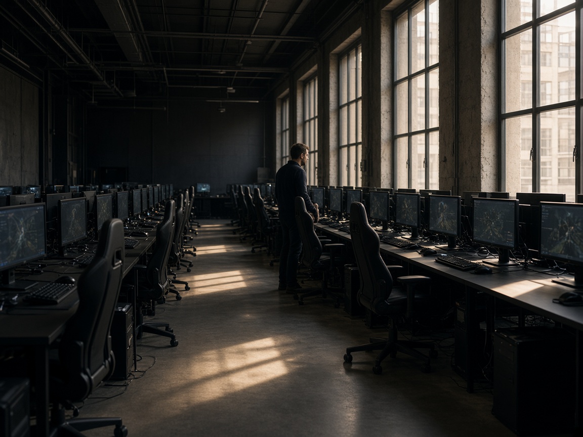 Rangée de bureaux identiques dans une salle d'équipe