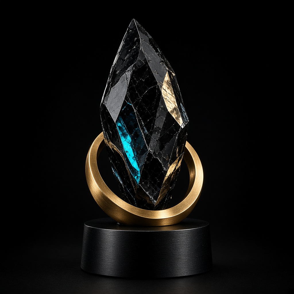 Trophée de cristal noir et or sur un socle sombre