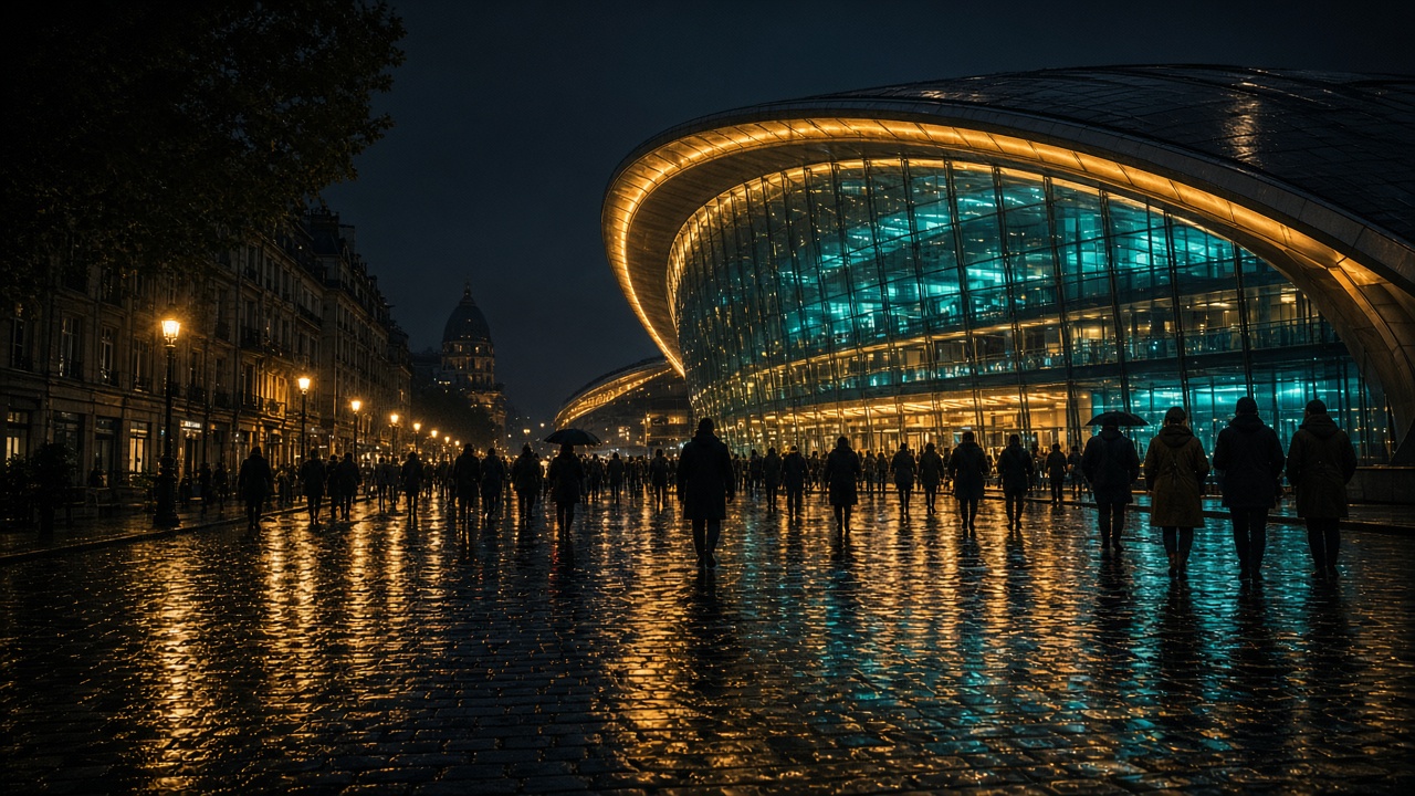Entrée d'une salle éclairée la nuit